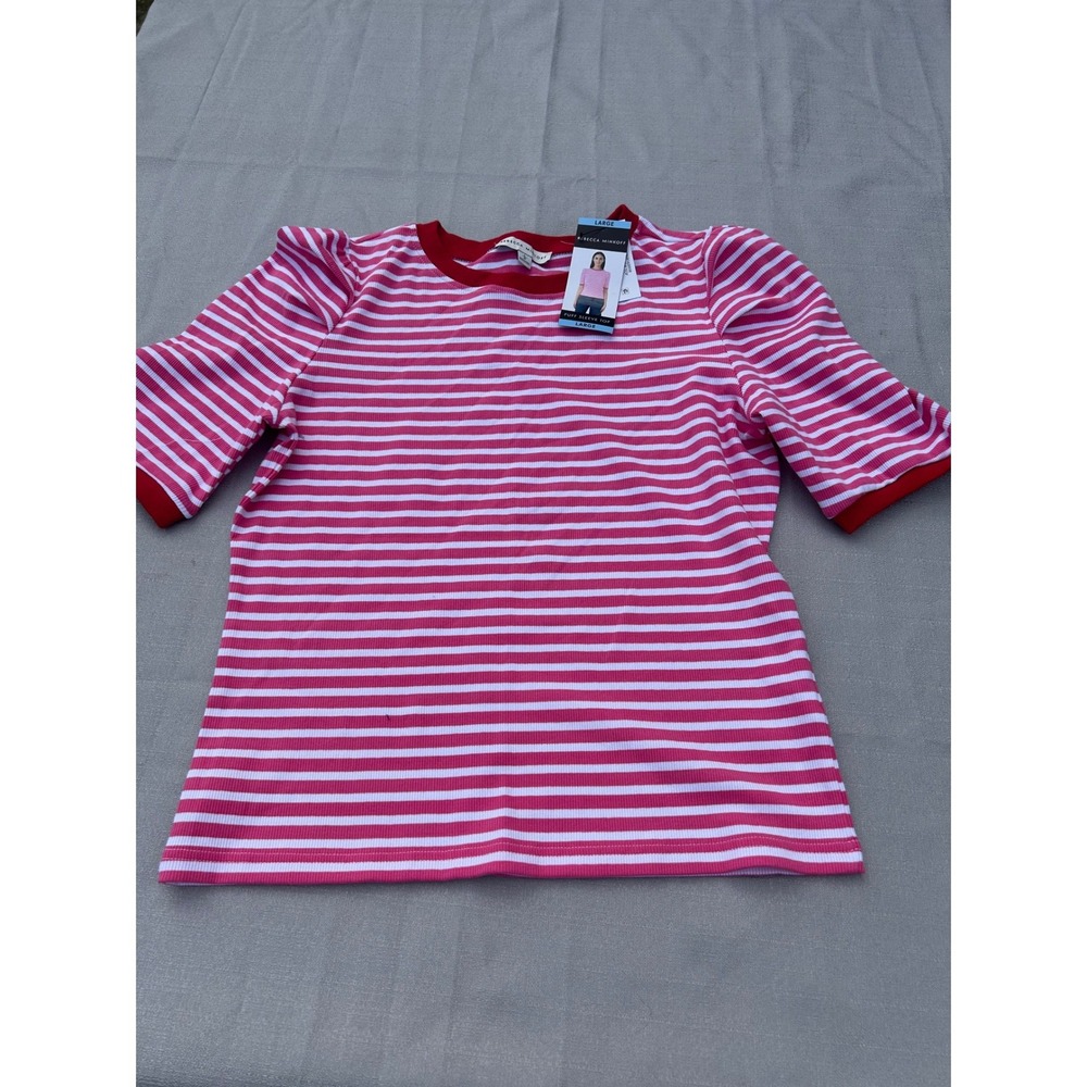 Rebecca Minkoff Womens Puff Sleeve Top Large Pink Stripe Ribbed Knit 7RMD7312